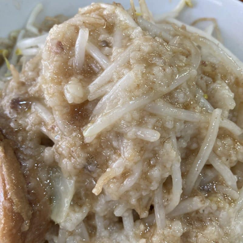 豚レンジャーのラーメン ミニのヤサイにスープをかけた背脂のアップ