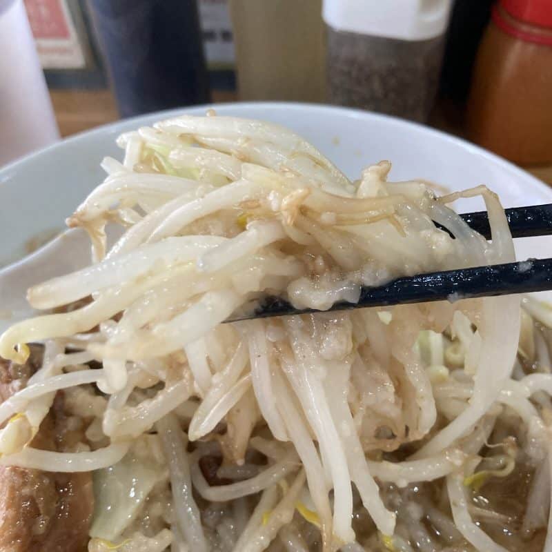 豚レンジャーのラーメン ミニの背脂がかかったヤサイのリフト
