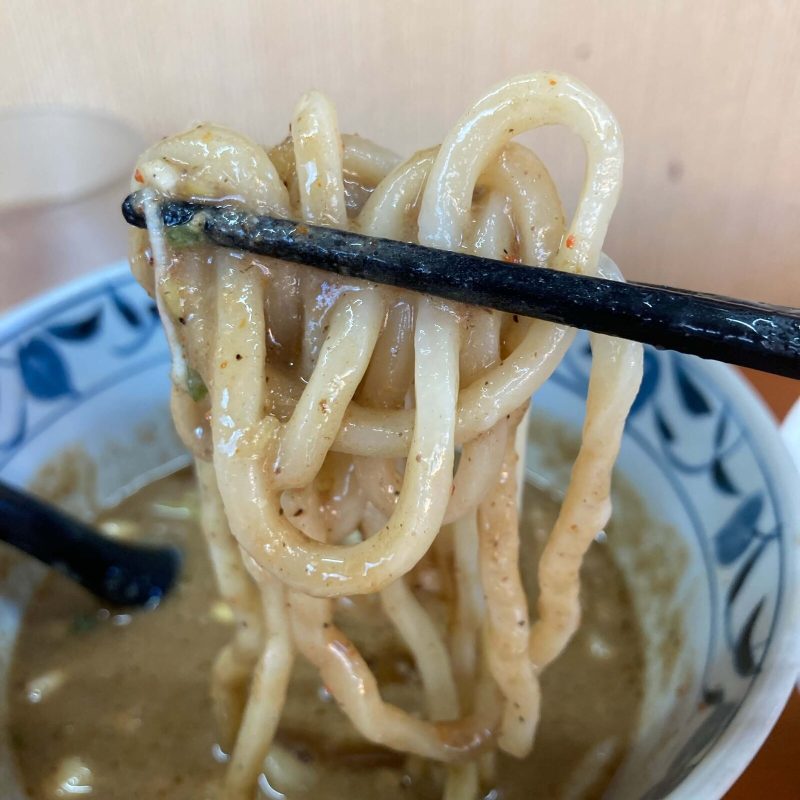 【自家製麺 福は内】のつけ汁が絡んだ太麺のリフト