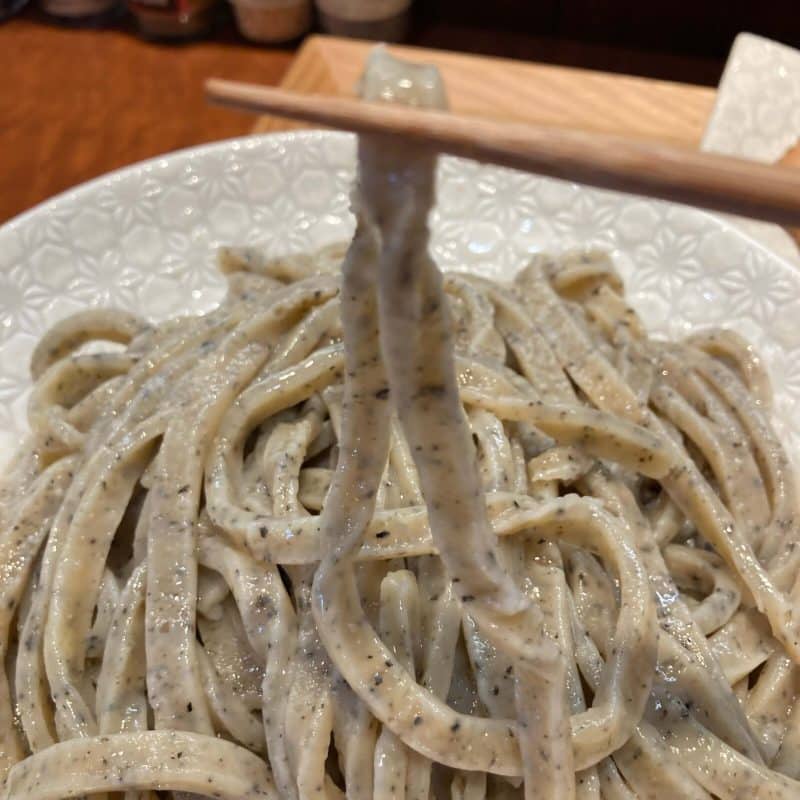 与野【御影麺 鏑矢】の極太麺を箸で持ち上げる